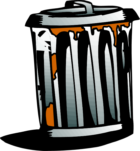 The image shows a trash can with orange stains on it next to an open soda can that has been partially consumed; there is no text present in this clip-art illustration.
