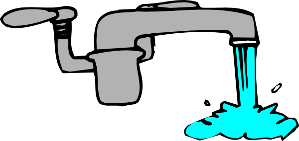 The black and white cartoon shows a sink with water pouring out of it onto an unseen surface below.