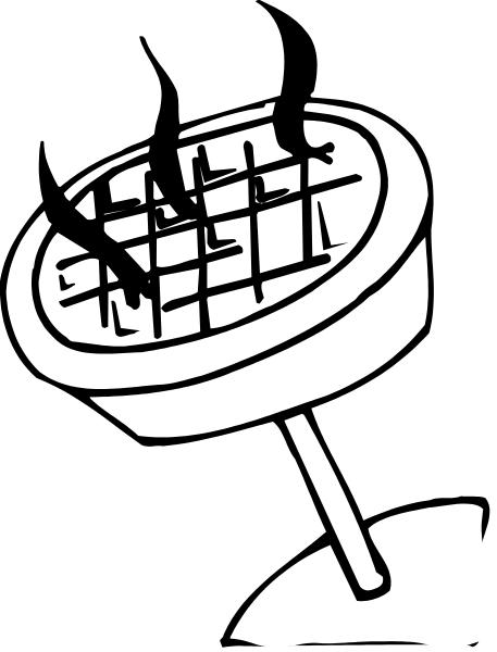 The black and white cartoon shows a waffle iron with an open lid on top of it next to what appears to be a frying pan filled with food items that resemble eggs in various stages of cooking, suggesting this is taking place at home during breakfast time or possibly for making hash browns.