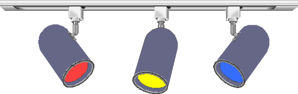 The image shows a stage lighting rig with four spotlights of different colored gels: red, blue, green, and yellow; each light is mounted on an adjustable stand that can be raised for optimal positioning during performances.