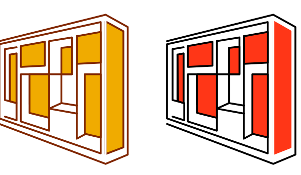 The image shows a pixelated representation of two different structures: on top, there is an orange structure with three vertical lines; below it, to its right side, there's another red structure that appears more complex and detailed than the first one.