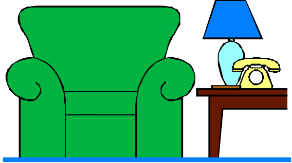 The image shows a cozy living room scene with two couches facing each other; on the left couch is an animated character sitting in front of what appears to be a television set displaying static noise, while on the right side there's another couch and next to it stands a lamp that has been knocked over.