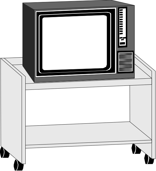 The image shows a black and white television on top of an entertainment center with drawers underneath it placed against a wall next to what appears to be a table leg in front of them.