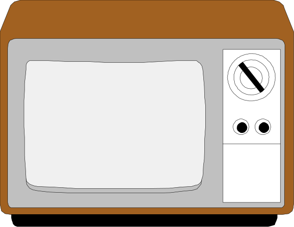 The image shows a stylized representation of an old television set with knobs on its side placed inside what appears to be a small room, possibly in someone's home.