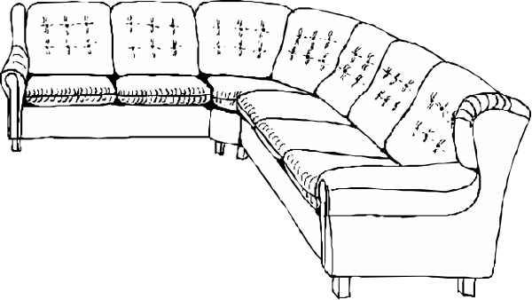 The black and white illustration shows a couch with two cushions on it placed against a wall under what appears to be an abstract design above it.