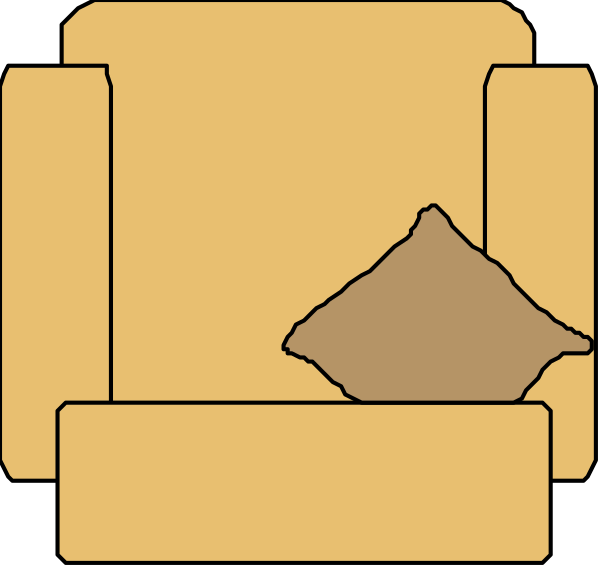 The image shows a cartoon of an empty living room with two couches: on the left is a yellow couch that appears to be in good condition; next to it sits another smaller brown sofa which looks worn out and has something resembling dog poop or cat litter at one end, suggesting pet ownership.
