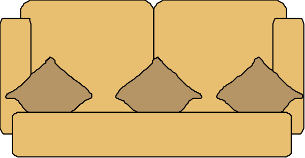 The image shows a yellow couch with four brown pillows on it against an unseen background.