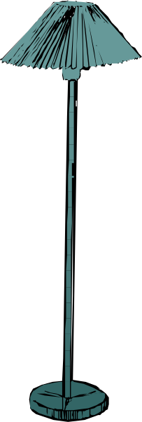 The image shows a tall lamp with an open shade against a dark background on the left side of the frame.