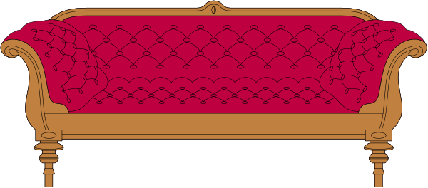 The image shows a red couch with an intricate pattern on it against a dark background.