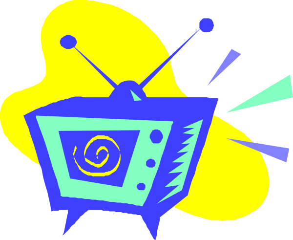 The image features a stylized depiction of an old television with antennae on top set against a yellow background that has abstract shapes resembling stars in blue and green hues to its right side, suggesting motion or energy emanating from it; there is no text present within the frame.