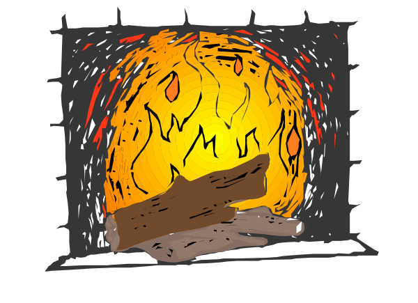 The image shows a cartoon depiction of an indoor fireplace with flames inside it set against a window frame that has snow outside; there is no text present in this clip-art illustration.