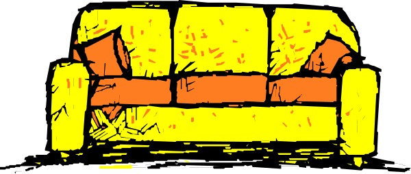 The image shows a pixelated couch with two cushions on it against an orange background.