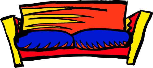The image shows a cartoon of an armchair with two pillows on it placed against a red background.