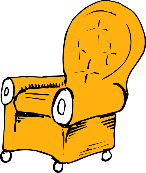 The black and white illustration shows a cartoon of an armchair with two arms resting on it as if sitting down in front of something unseen; there is no text present within this image.