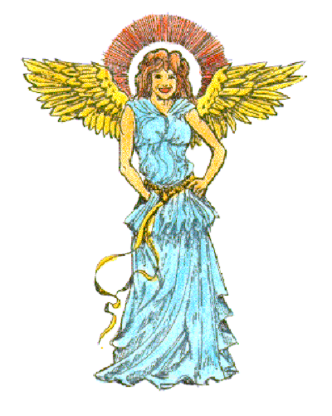 The image shows a pixelated graphic of an angel with wings standing upright against a white background on the left side; there is no text present in this small clip-art image.