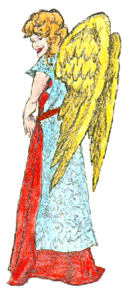 The image shows a stylized depiction of an angelic figure with wings on either side standing upright against what appears to be a plain background.