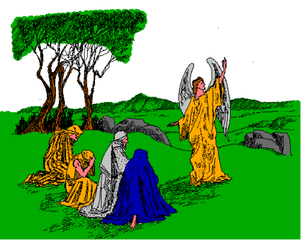 The image shows a pixelated scene with two figures standing on grass; there is also an umbrella to their left side in front of them.