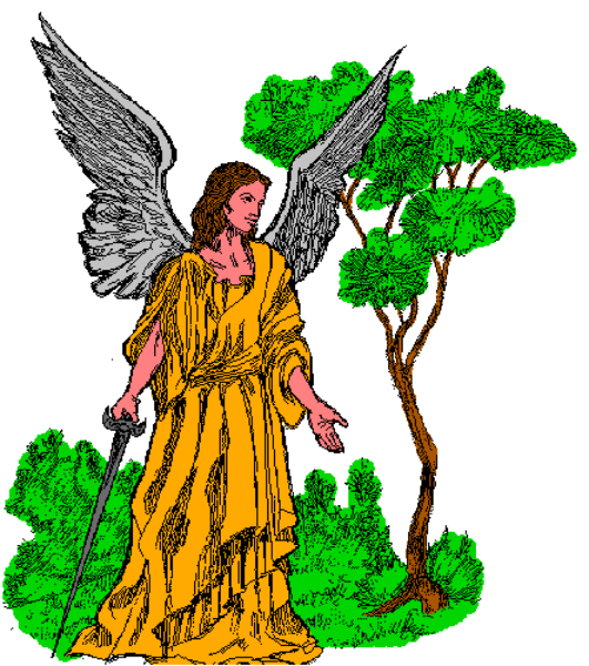 The image shows a pixelated graphic of an angel standing on top of what appears to be a plant with green leaves against a white background.