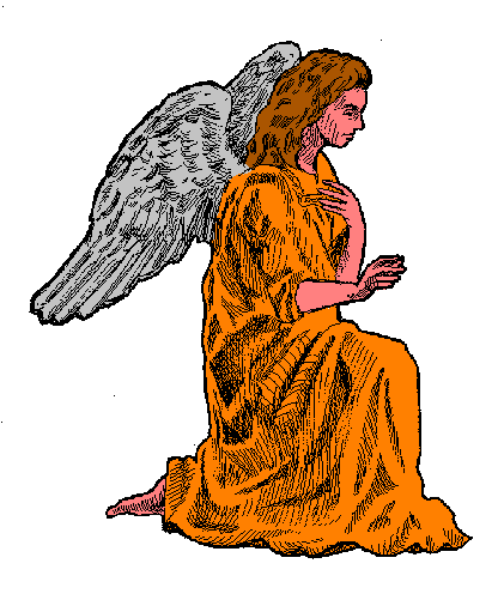 The image shows a pixelated representation of an angelic figure with wings on either side standing next to what appears to be a small statue-like object that resembles Mary holding baby Jesus; both figures have halos and appear religious in nature, set against a plain background without any distinguishable setting.