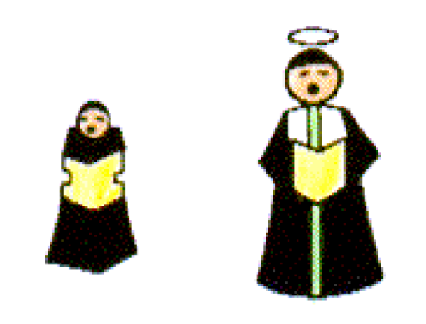The image shows a group of four cartoon characters dressed as clergy members with robes and hats; each character is holding an object that resembles a book in their hands while standing against different backgrounds, suggesting various settings like outdoors during daylight or indoors at nighttime.