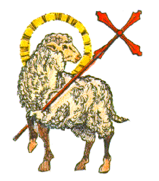 The image shows a pixelated graphic of an animal that resembles a sheep with wings on its back, holding what appears to be a cross in one hand while standing next to another object which looks like a shield bearing a red and white symbol; above this creature is a halo-like emblem.
