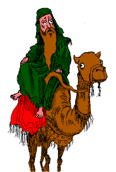 The image shows a cartoon depiction of an adult camel with two humps carrying what appears to be gifts on its back in front of a person wearing traditional Middle Eastern attire riding it; there is no text present, and the background consists solely of plain white space without any additional details or context.