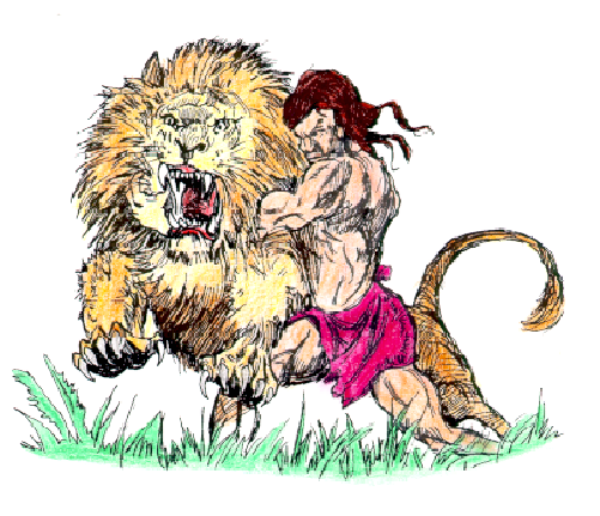 The image shows a cartoon of two anthropomorphic lions sitting together on grass with their arms around each other; there is no text present in this clip-art illustration.