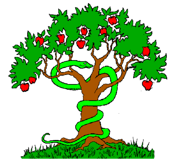 The image shows a pixelated tree with an apple on it against a white background.