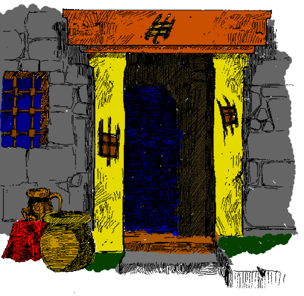 The image shows a pixelated representation of an old door with two windows on either side, set within what appears to be a brick wall structure.