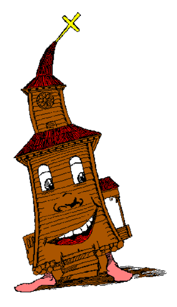 The image shows a cartoon depiction of an animated character resembling a gingerbread house with arms standing upright on either side against a plain background.