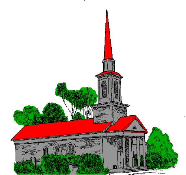 The image shows a pixelated representation of two buildings: on the left side is an old church with red roofs; to its right stands another building that appears more modern in design compared to the traditional architecture of the first structure, both set against what seems like a simple background without any additional context or details.