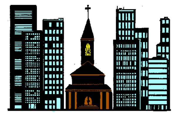 The image shows a pixelated cityscape with tall buildings against an urban skyline at nighttime; there is no visible text in this small clip-art representation of a scene featuring architecture and possibly suggesting a downtown area, but it's not clear if any people or animals exist within the frame due to its low resolution.