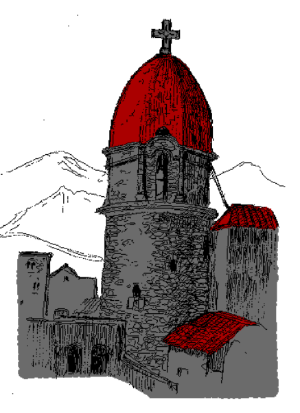 The image shows a stylized graphic of two buildings with red roofs against an overcast sky background; there is no text present in this clip-art illustration.