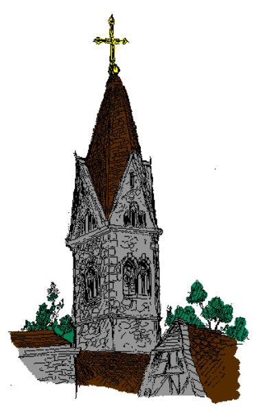 The image shows a stylized depiction of an old church with a steeple atop it against what appears to be a flag background featuring stripes in shades of gray and white.