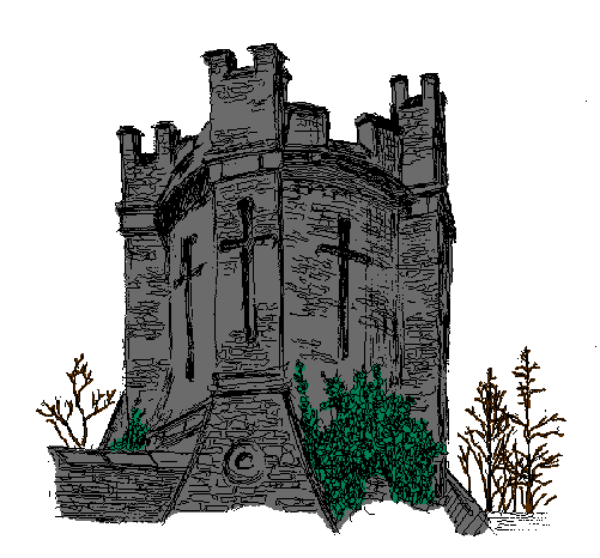 The image shows a castle with two towers on either side of an entrance archway against a white background.