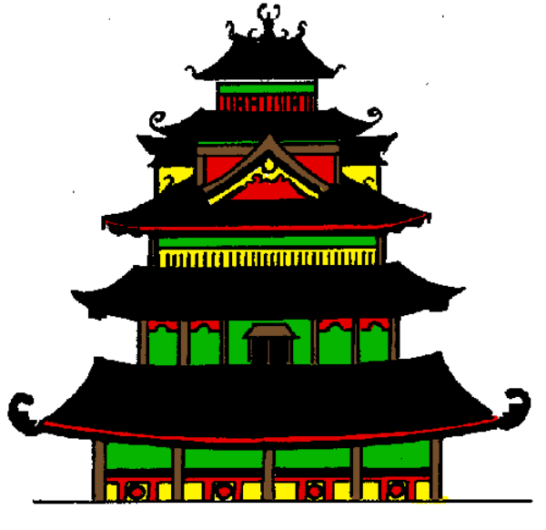 The image shows a pixelated representation of an Asian temple with multiple tiers on top of each other against a white background.