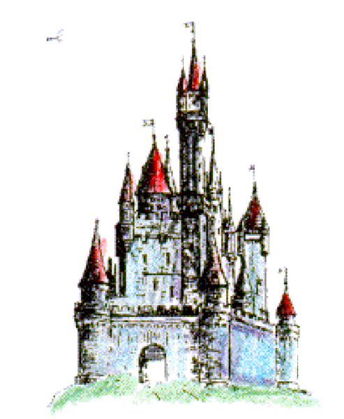 The image shows a castle with multiple towers against an overcast sky background.