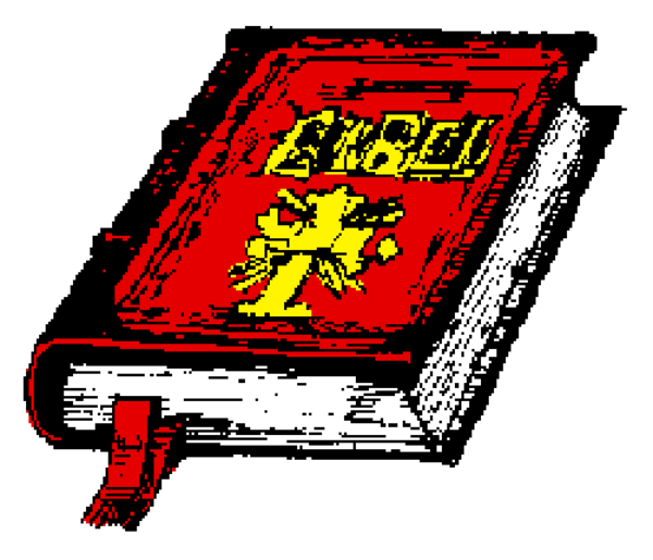 The image shows a red book with an open cover next to it on its spine is another smaller book that appears closed.
