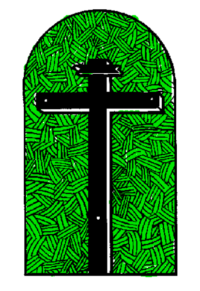 The image shows a stylized graphic of an open green cross with two vertical bars on either side against a white background.