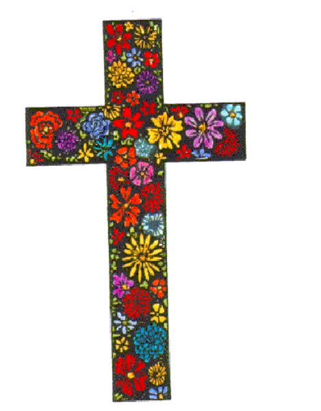 The image shows a cross with colorful beads on it against a white background.