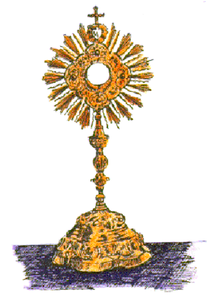The image shows a golden cross with an illuminated center on top of what appears to be a pedestal inside a church-like structure.