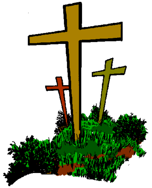 The image shows a cross with flowers at its base on top of an altar, set against a plain background.