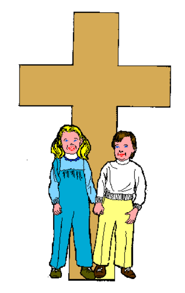 The image shows a cross with two cartoon figures embracing each other below it on what appears to be an American flag background.
