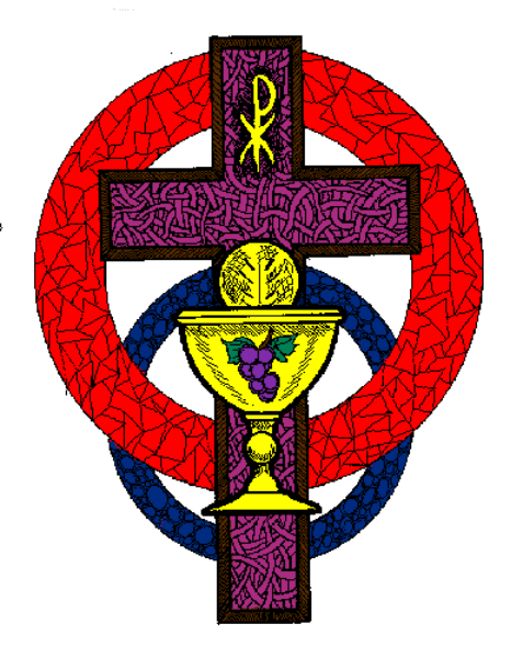 The image shows a graphic of an emblem with religious symbolism: there is a cross at its center flanked by two candles on either side; above it sits what appears to be a crown-like design, and below that, another smaller circle containing more symbols including stars or suns within. To the left of this central image are three vertical bars in red with white borders, each bearing an emblem resembling a cross inside them. The background is plain gray without any additional context provided by other elements in the picture.