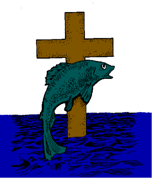 The image shows a pixelated cross with an anchor attached to it on top of water under what appears to be a blue sky background.