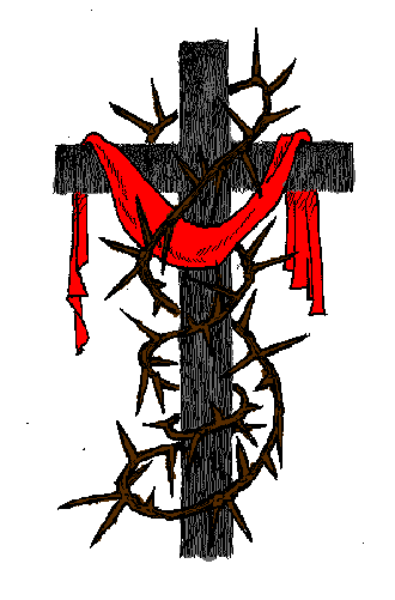 The image shows a cross with red ribbons tied to it against a white background.