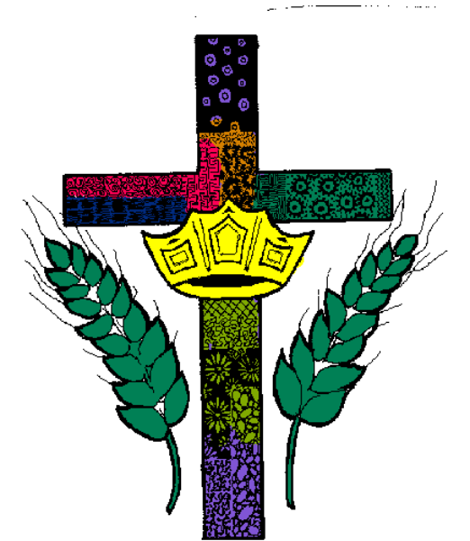 The image shows a Christian cross with an emblem on top of it that resembles a flowering plant at its center.