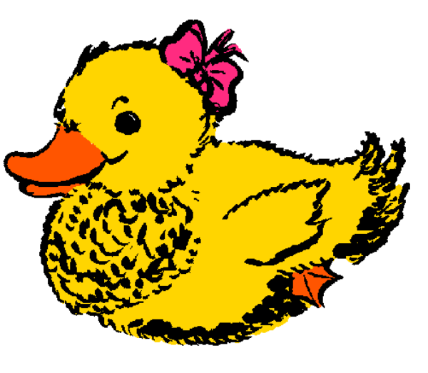 The image shows a cartoon of two ducks: an adult duck with its head turned to look at another smaller duck that is swimming in front of it.