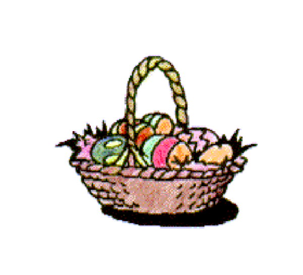 The image shows a basket of colorful Easter eggs with pastel hues against a white background.