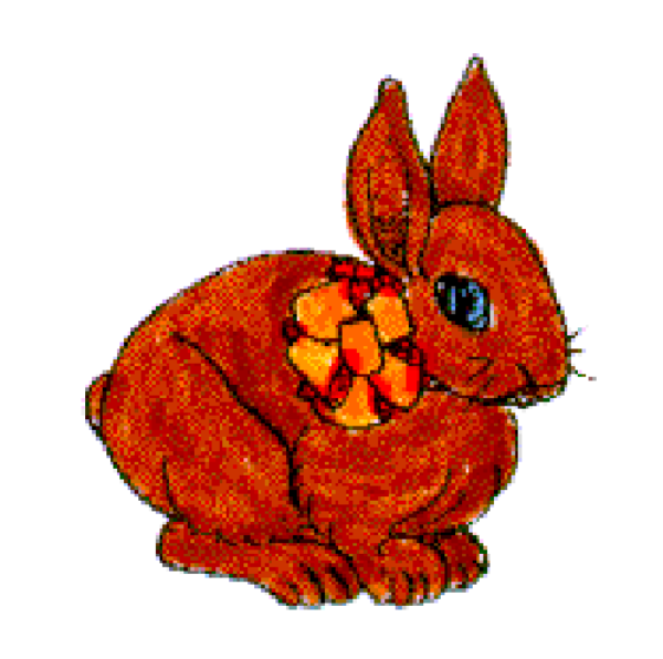 The image shows a pixelated red rabbit with yellow eyes against a white background.